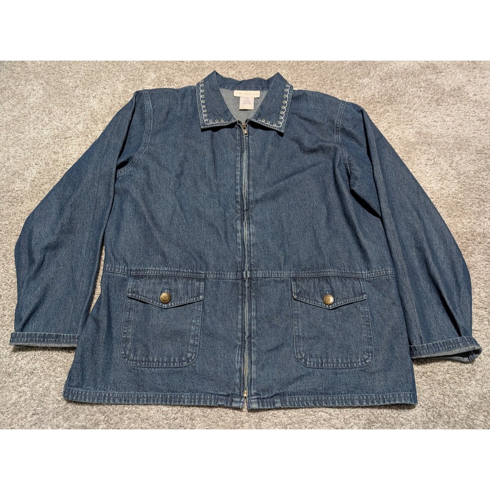Womens VTG Blue Denim Zip Up Jacket Embroidered Heart Back Large‎ Susan Graver